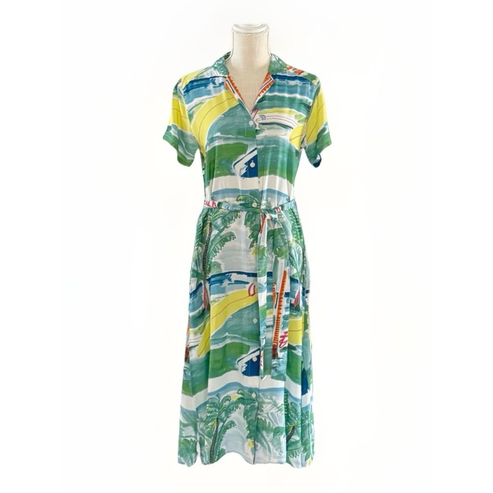 Aloha Blossom Summer Time‎ Rayon Shirt Dress Felipe Jardim Print Green Yellow 1